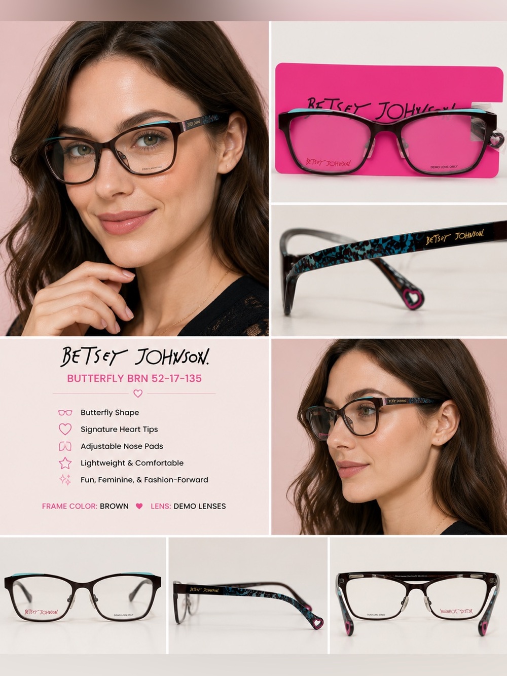 Betsey Johnson Black & Teal Square Eyeglass Frames with Pink Demo Lenses